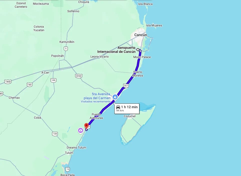Map showing Cancun area route with marked distance of 1-1.5 hours, displaying roads, airport, and coastal regions in Mexico