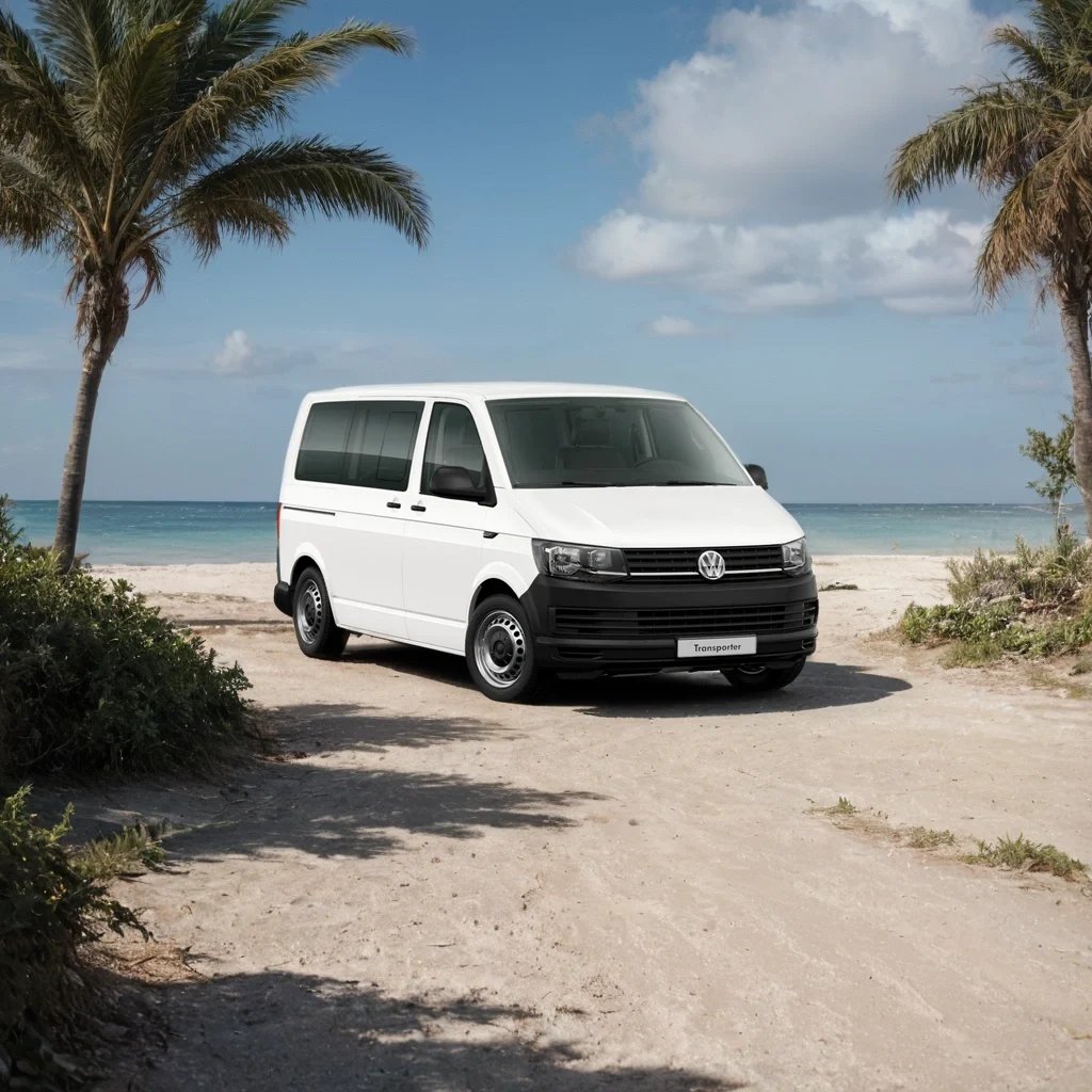 White Volkswagen van parked on a sandy beach with palm trees and ocean in the background
