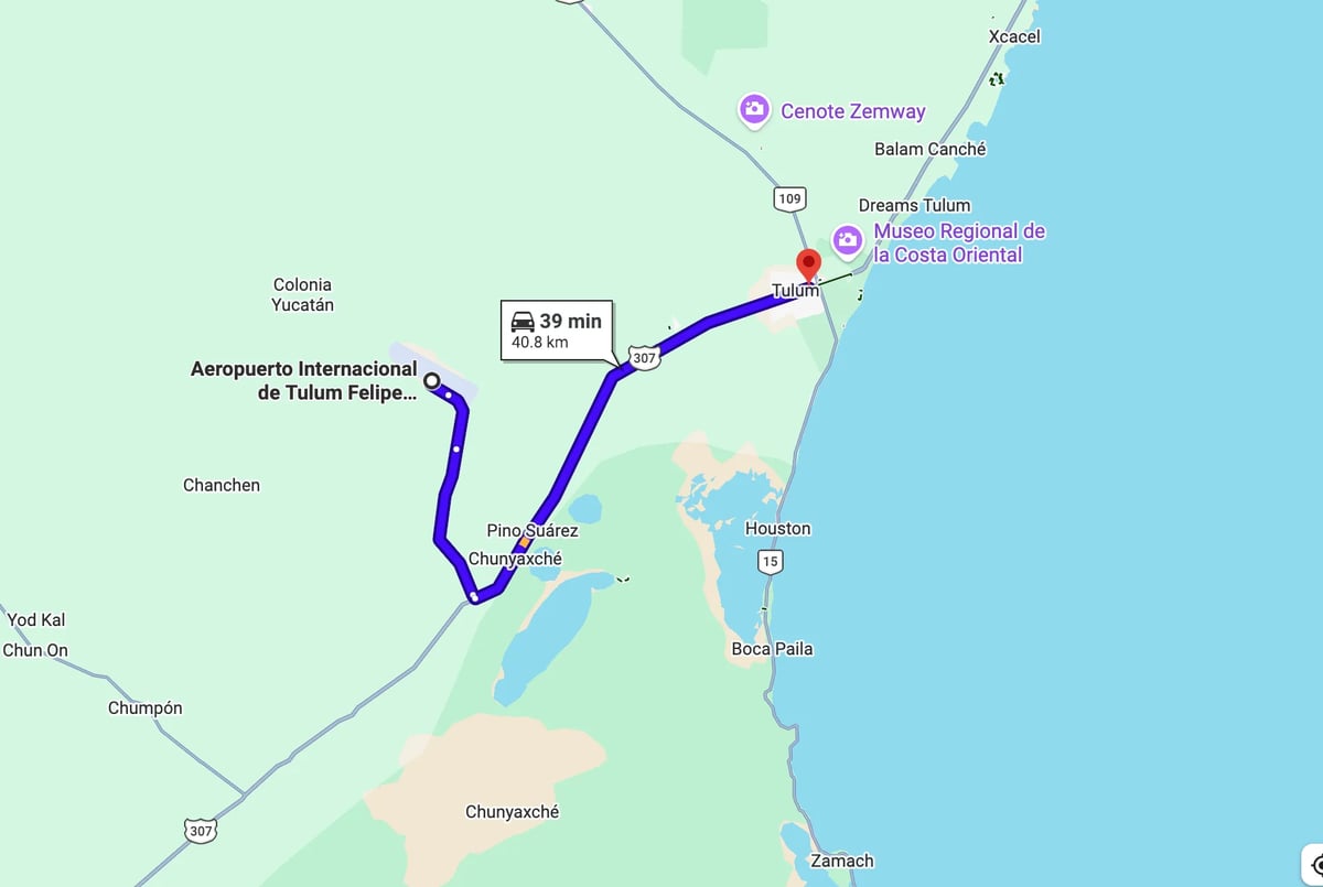 Map showing a 39-minute route from Cancun airport to downtown Cancun with blue route lines and location markers