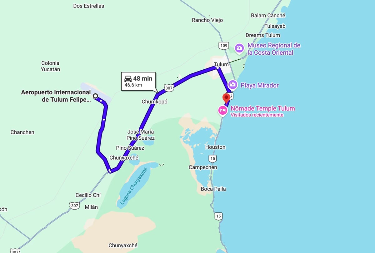 Map of Mexico showing a 48-minute driving route between Cancun airport and downtown Cancun in blue, with markers and nearby attractions labeled