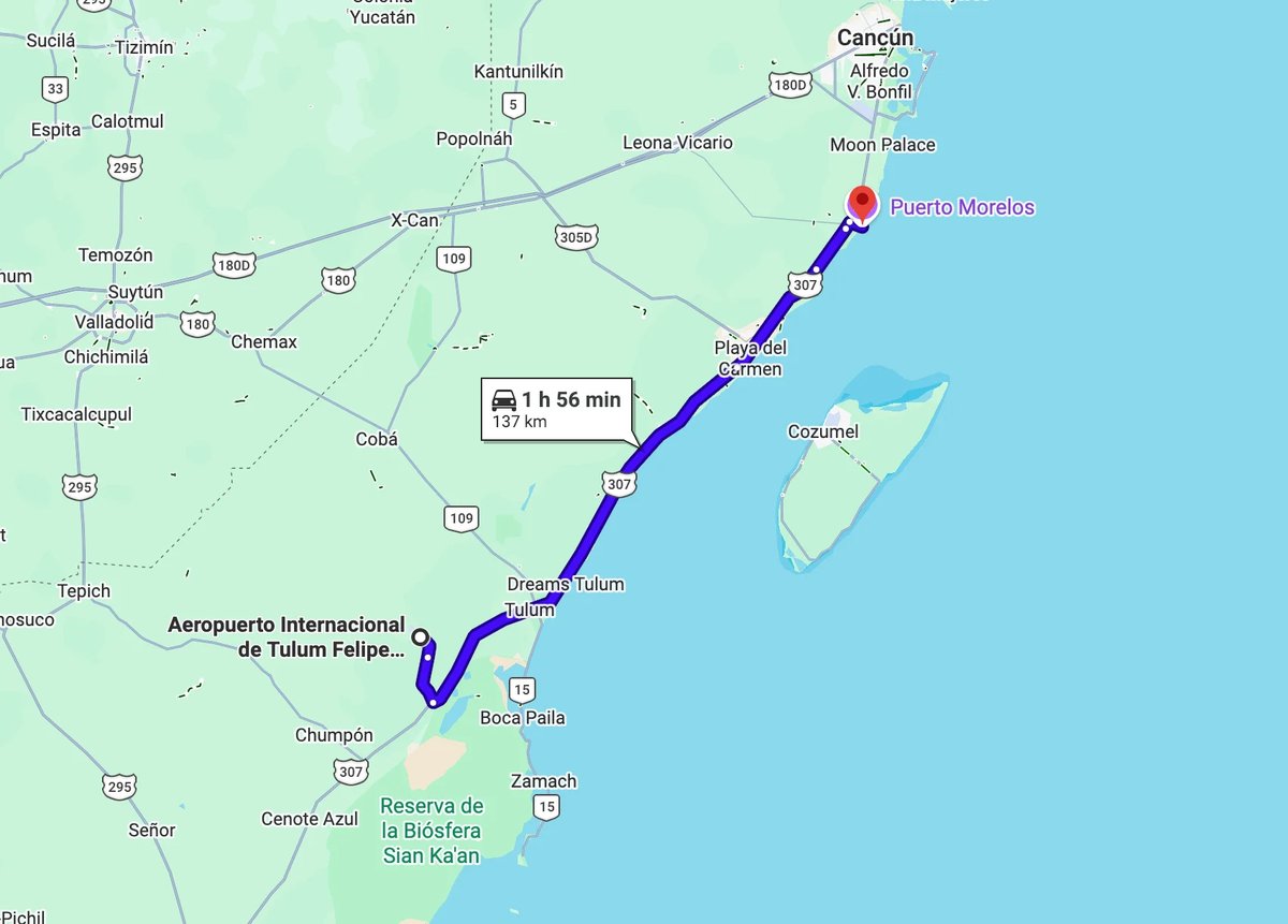 Map showing a route from Tulum to Puerto Morelos in Mexicos Yucatan Peninsula with a 1 hour 56 minute drive time