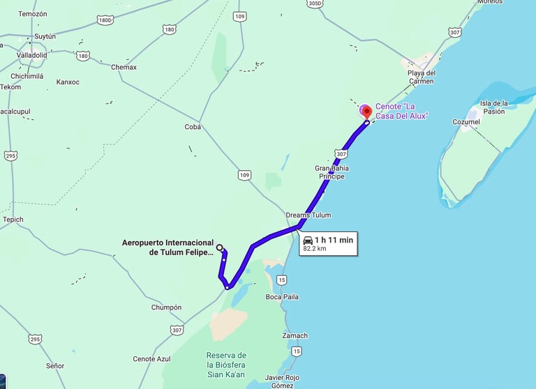 Map showing a route from Cancun to Tulum, Mexico with distance of 1 hour 11 minutes marked in blue
