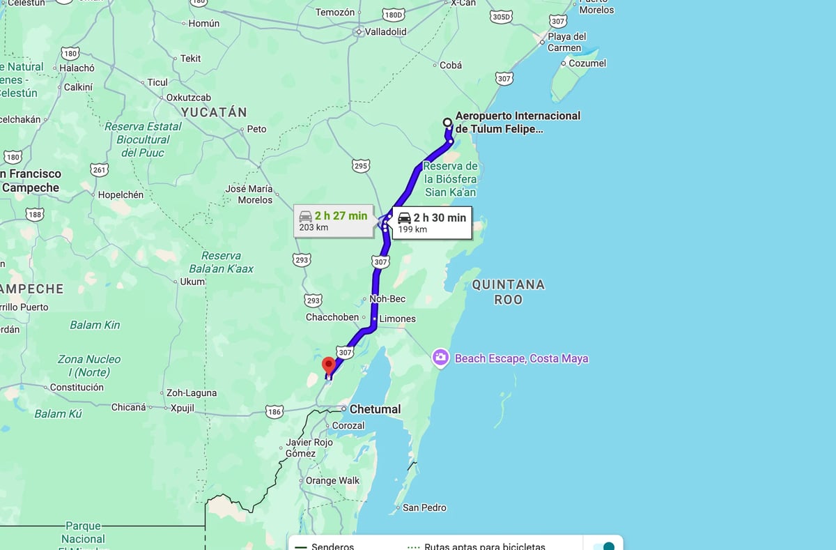 Map of Mexico showing route from Cancun airport to Playa del Carmen with drive times and distance markers