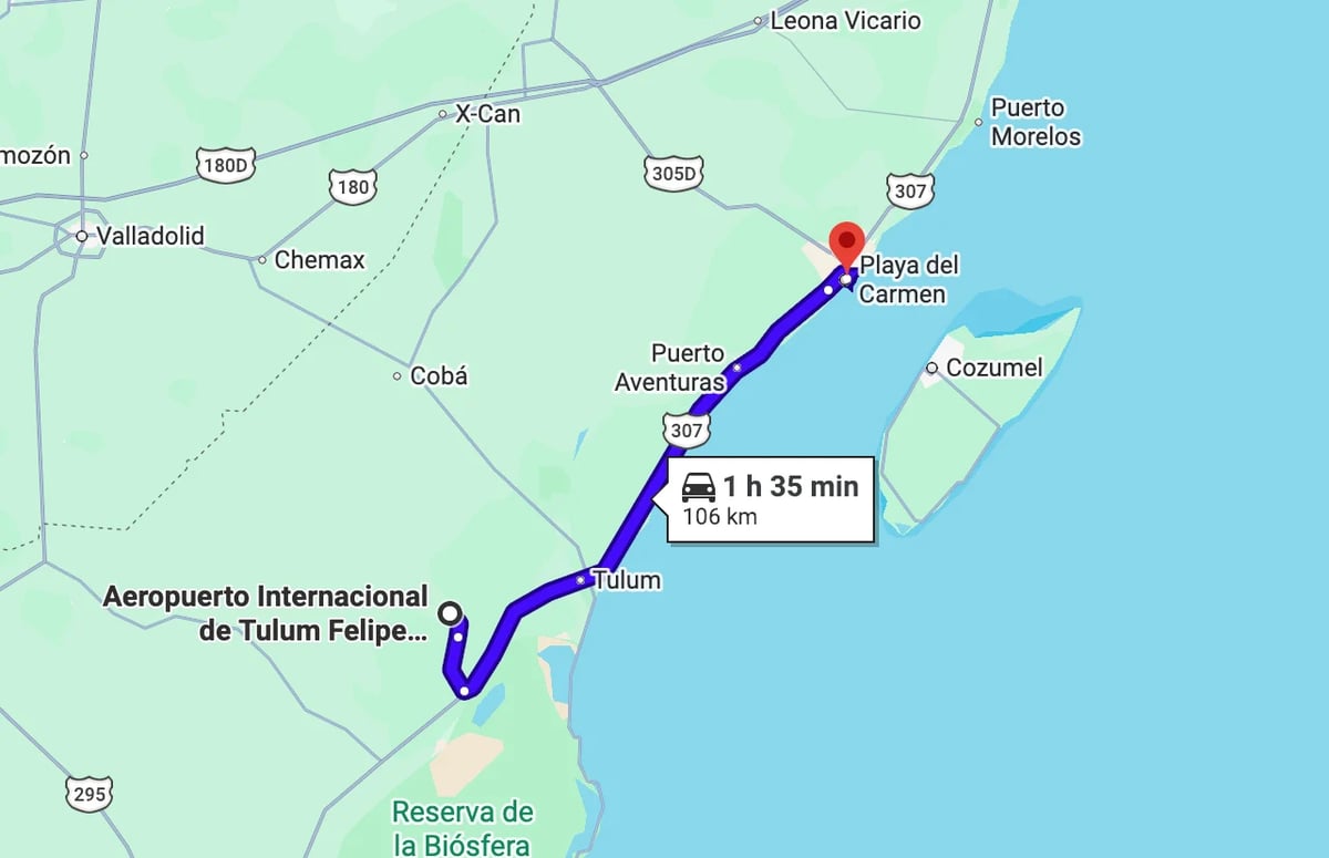 Map showing driving route from Tulum airport to Playa del Carmen, Mexico, approximately 1 hour 35 minutes