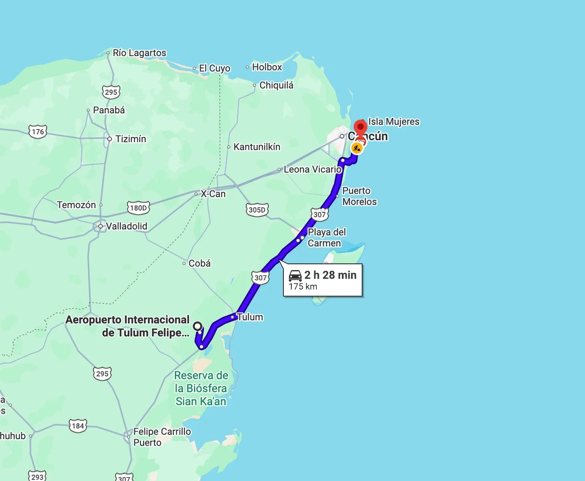Map of Mexico showing a blue route from Tulum Felipe airport to Cancun, labeled as 2 hours 28 minutes
