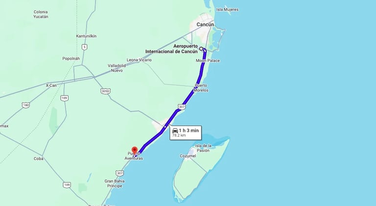 Map showing a blue route line from Playa del Carmen to Cancun airport, with distance marker of 53.3 miles along Mexicos Caribbean coast